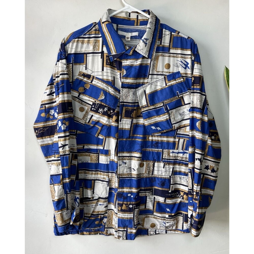 Burning Torch Silk USA Blue White Gold Metallic Geometric Button-Up Shirt Men S